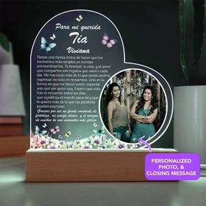 Presente Tia, Placa de Coração com Foto Personalizada, Presente de Tia do Sobrinho, Presentes para Tia da Sobrinha em Espanhol, Presente de Natal para Tia Presente de Aniversário