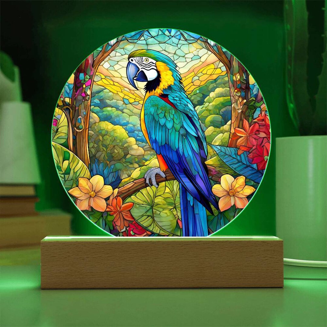 Picture of Macaw Nightlight: Stained Glass Acrylic Rainforest Bird Decor LED Lamp ...
