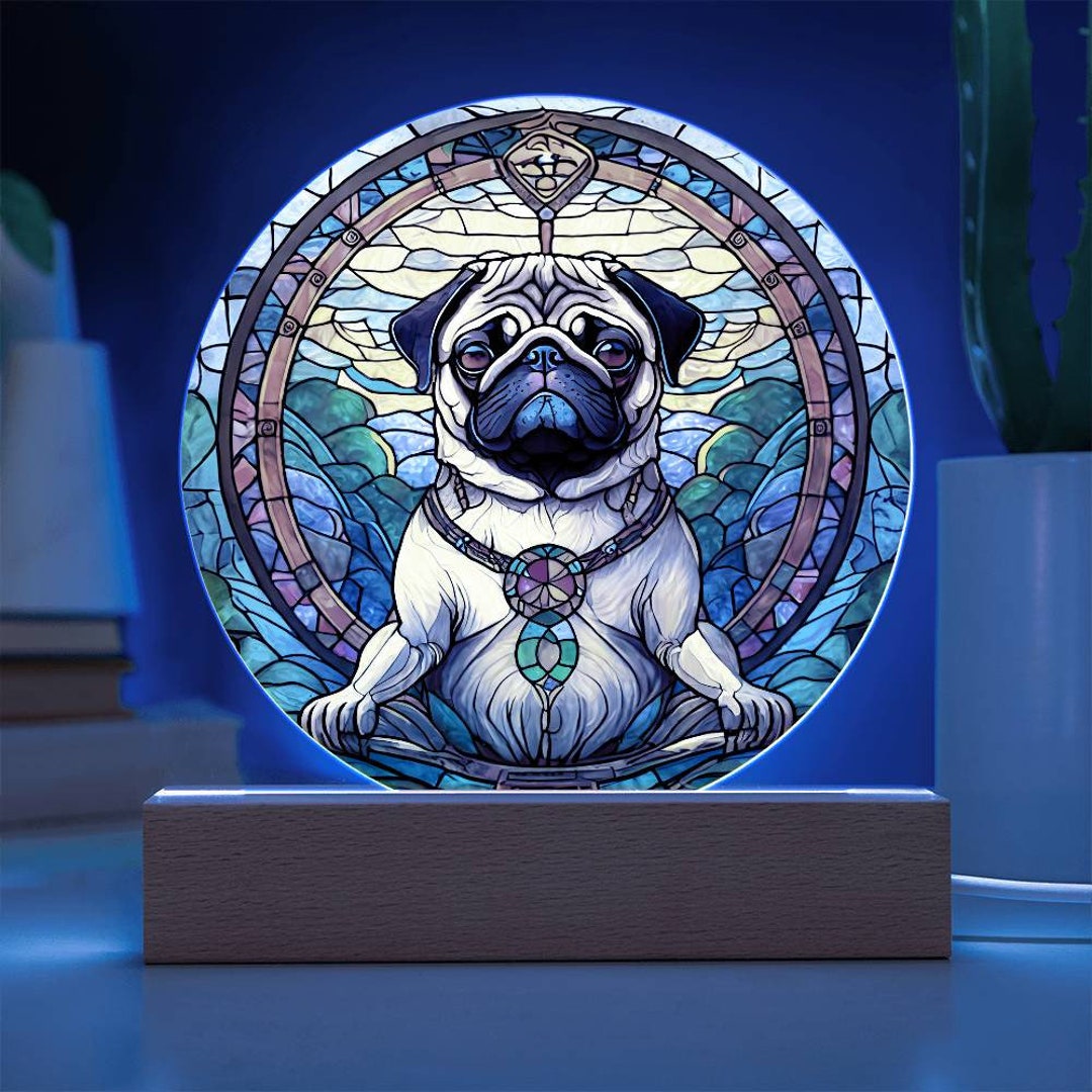 Zen Pug Nirvana Faux Stained Glass Meditation Dog, Illuminated Acrylic