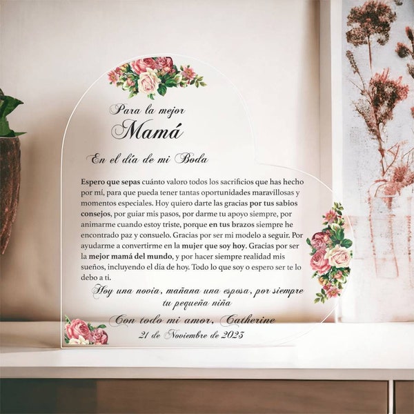 Regalos para mamá boda, Regalo personalizado de la Madre de la Novia Español, Mama de la Novia Acrylic Heart Plaque, Regalo Madre de la Novia