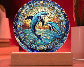 イルカのステンドグラス風アクリルプラーク：星月夜の航海装飾 - Etsy 日本
