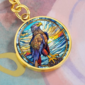 Personalized Faux Stained Glass Eagle Keychain Custom Engraved Bird of Prey Key Ring Wildlife Art Unique Bird Lover Gift for Him