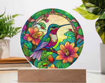 Hummingbird Stained Glass Acrylic Plaque: Bird Lover Nightlight Decor