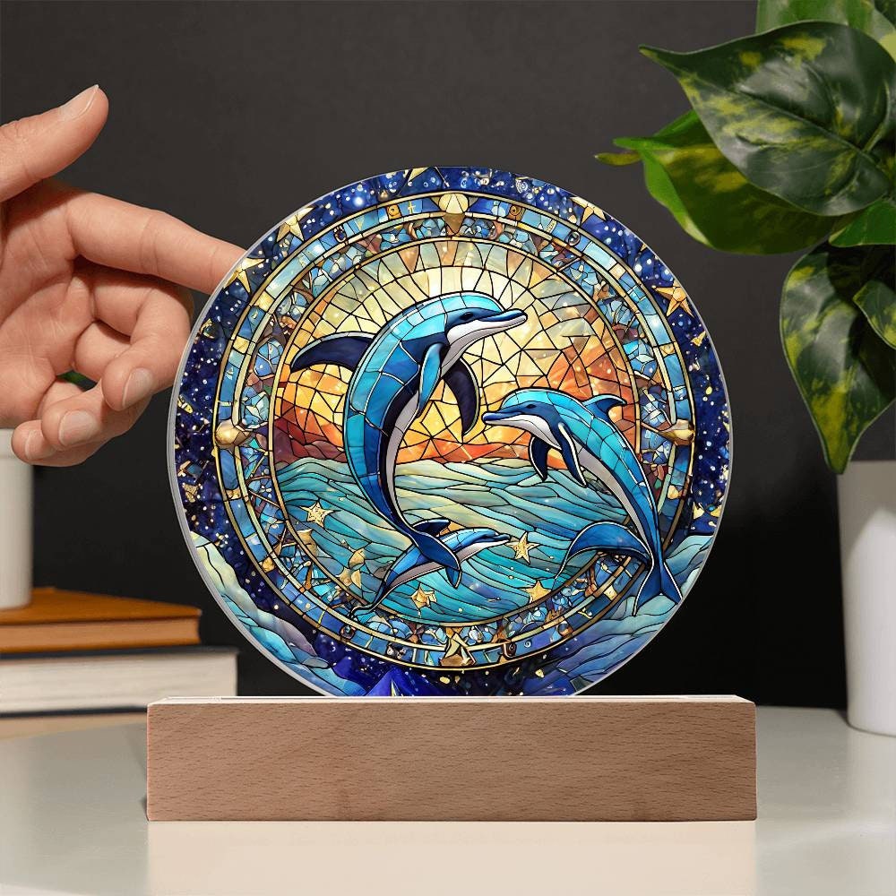 イルカのステンドグラス風アクリルプラーク：星月夜の航海装飾 - Etsy 日本