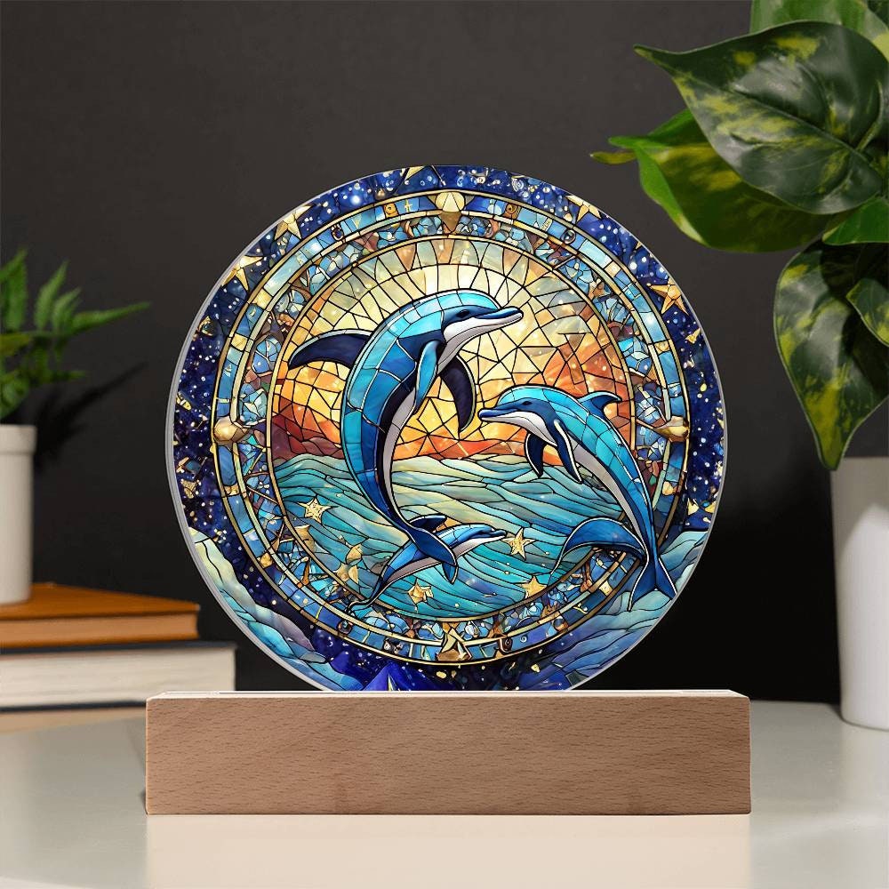 イルカのステンドグラス風アクリルプラーク：星月夜の航海装飾 - Etsy 日本