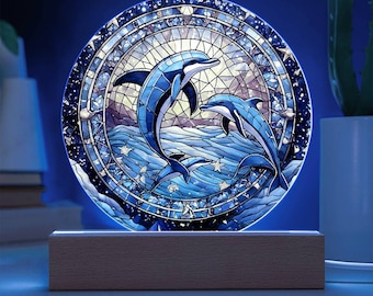 Starry Night Ocean Dolphins Stained Glass Acrylic Plaque, Majestic Marine Life Wall Art Nautical Nightlight Decor Handcrafted Sea Mammal art