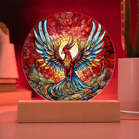Faux Stained Glass Phoenix Nightlight: Mythical Acrylic LED Lamp