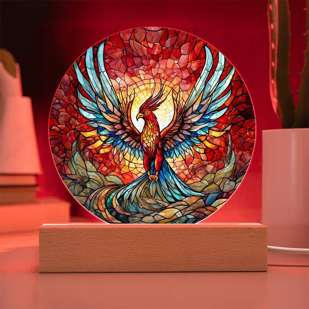 Faux Stained Glass Phoenix Nightlight: Mythical Acrylic LED Lamp