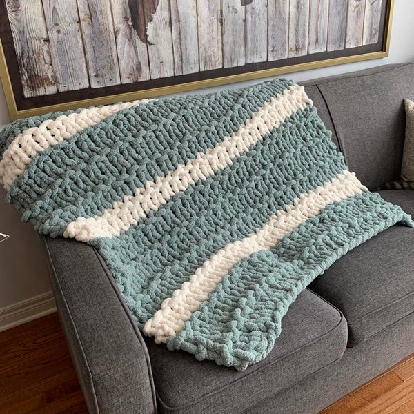 Chunky knit handmade blanket, FREE DELIVERY, Chenille chunky knit throw, Cozy and plush large hand knit blanket, Striped chunky knit throw