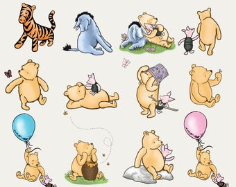 Classic Winnie The Pooh PNG Clipart Bundle, Printable Pooh Bear Tigger, Instant Digital Download, Vintage Pooh Baby Shower