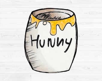 May include: A white, oval-shaped honey pot with the word "Hunny" in black script. The top of the pot has a yellow, dripping honey design. The illustration is outlined in black, giving it a hand-drawn appearance.