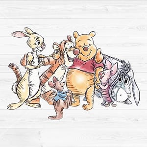 May include: Watercolor illustration of Winnie the Pooh and friends, including Pooh Bear, Tigger, Piglet, Eeyore, Kanga, and Roo. The characters are depicted in a friendly, group pose, with soft colors and outlines.