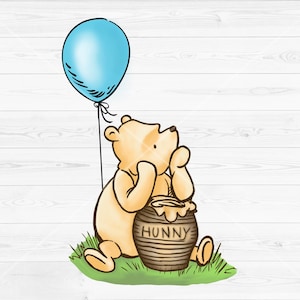 Palloncino blu classico Winnie the Pooh PNG, Pooh vintage con vaso di miele