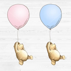 Klassischer Stil Winnie the Pooh fliegen mit Ballon Clipart, PNG Pooh hängend rosa und blaues Ballonbild, sofortiger digitaler Download