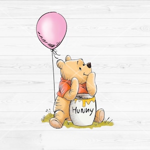 Oso de miel Clipart PNG Chica acuarela, Globo rosa, Winnie the Pooh PNG, Pooh con tarro de miel