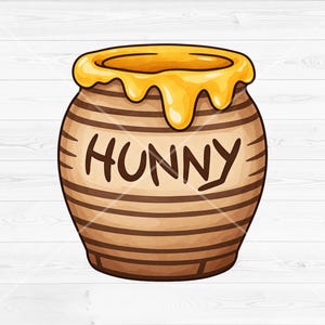May include: A round, brown ceramic honey pot with horizontal dark brown stripes and the word HUNNY written in dark brown letters on the front. Thick, golden yellow honey drips over the top rim of the pot, creating a glossy, textured appearance.
