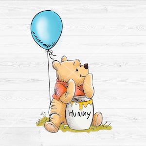 Oso de miel Clipart PNG Niño acuarela, Globo azul, Winnie the Pooh PNG, Pooh con tarro de miel