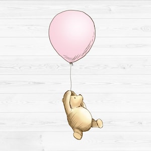 Klassieke stijl Winnie de Poeh vliegt met ballon Clipart, afbeelding Pooh hangende roze ballon PNG, digitale download