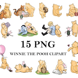 Ensemble de cliparts PNG classique Winnie l'ourson, imprimable, téléchargement numérique instantané, vintage Winnie l'ourson Baby Shower 15 PNG