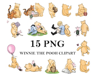 Classic Winnie The Pooh PNG Clipart Bundle, Printable, Instant Digital Download, Vintage Pooh Baby Shower 15 PNG
