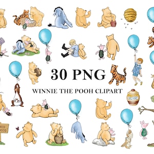 Classico Winnie The Pooh PNG Clipart Bundle, stampabile, download digitale istantaneo di compleanno per bambini, baby shower vintage di Pooh, bundle di 30 immagini PNG