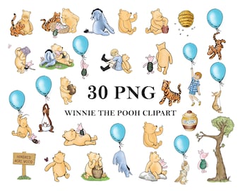 Classic Winnie The Pooh PNG Clipart Bundle, Printable, Boy Birthday Instant Digital Download, Vintage Pooh Baby Shower, 30 Image PNG Bundle