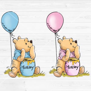 Op de afbeelding: Twee illustraties van een tekenfilmbeer, elk met een honingpot en een ballon. Eén beer heeft een blauwe ballon en honingpot, de andere heeft een roze ballon en honingpot. De honingpotten hebben het woord "Hunny" erop.