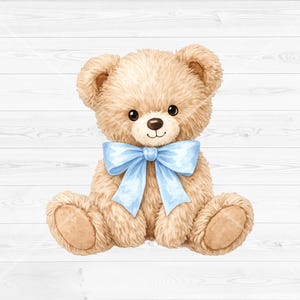 May include: A watercolor illustration of a teddy bear with light brown fur, dark brown eyes, and a light blue bow. The bear is sitting upright with its arms and legs extended. The background is a white wood grain.