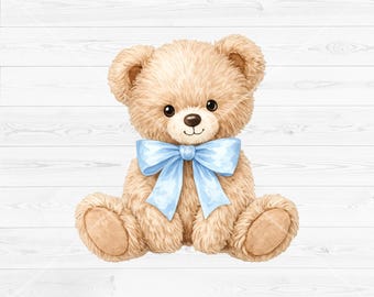 Watercolor Teddy Bear PNG, Nursery Bear Clipart with Blue Bow, Cute Animal Illustration, Baby Shower Printable, Instant Download