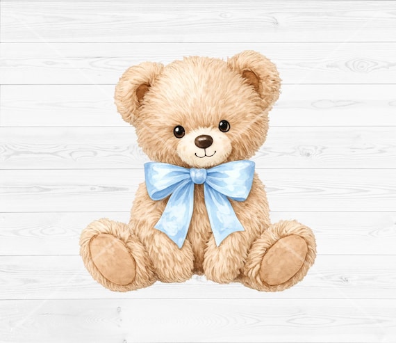 Watercolor Teddy Bear PNG, Nursery Bear Clipart with Blue Bow, Cute Animal Illustration, Baby Shower Printable, Instant Download