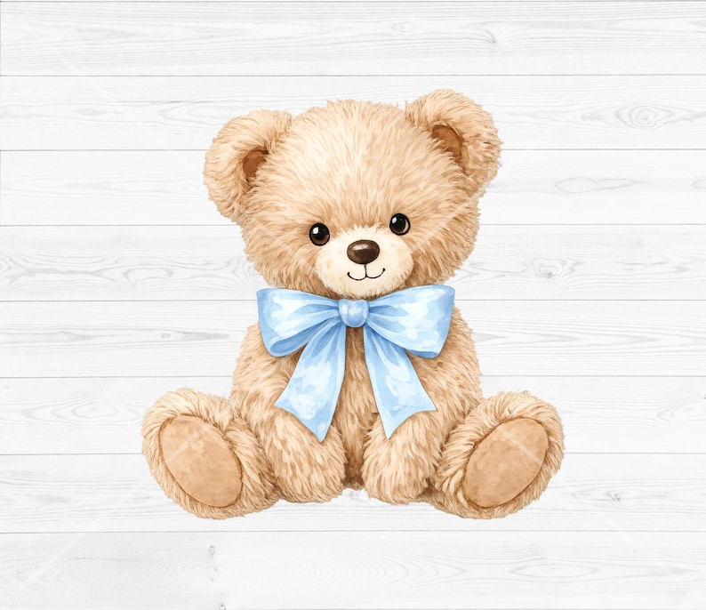 May include: A watercolor illustration of a teddy bear with light brown fur, dark brown eyes, and a light blue bow. The bear is sitting upright with its arms and legs extended. The background is a white wood grain.