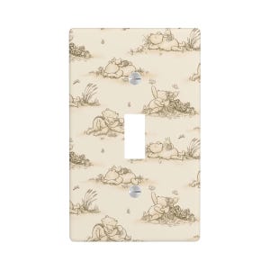 May include: A light beige wall plate featuring a repeating pattern of Winnie the Pooh and friends in a sketched style. The plate has a single light switch opening and a screw. The design includes Pooh, Piglet, and Tigger.
