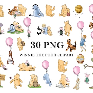 Classico Winnie The Pooh PNG Clipart Bundle, stampabile, download digitale istantaneo, Baby Shower Vintage Pooh, 30 immagini PNG Bundle