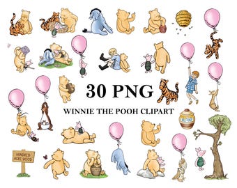 Klassieke Winnie de Poeh png-clipartbundel, afdrukbaar, instant digitale download, vintage Poeh-babyshower, png-bundel met 30 afbeeldingen