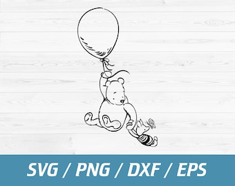 Winnie The Pooh Svg, Winnie The Pooh Outline, Classic Winnie the Pooh Flying Balloon svg, Instant Download, Svg, Png, Dxf, Eps