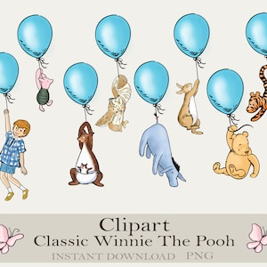 Ballon bleu classique Winnie l'ourson PNG Clipart Bundle, personnages suspendus des amis de Winnie l'ourson, baby shower vintage Winnie l'ourson, fête de bébé
