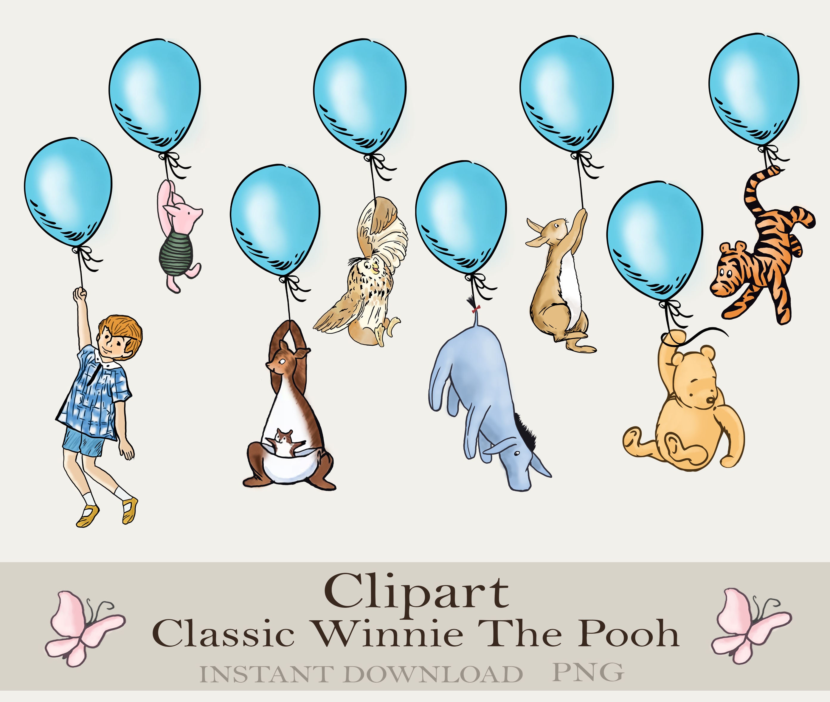 Winnie The Pooh Clipart Bundle: Blue Balloon, Vintage Pooh (PNG Digital Download)