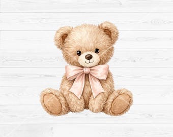 Watercolor Bear Clipart PNG, Teddy Bear with Pink Bow, Baby Girl Nursery Illustration, Digital Download