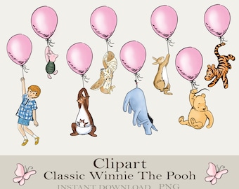 Rosa Ballon Winnie Puuh PNG Clipart Bundle, hängende Charaktere von Winnie Puuh Freunden, Vintage Pooh Babyparty, Baby Party