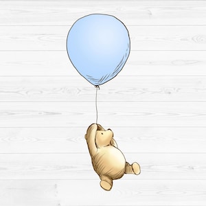Klassieke Winnie de Poeh vliegt met ballon clipart, png-afbeelding Pooh hangende blauwe jongen ballon, digitale download