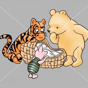 May include: A brown bear, a tiger, and a piglet are looking at a wicker basket with a white blanket inside. The tiger is leaning on the basket, the bear is standing to the right, and the piglet is looking into the basket.