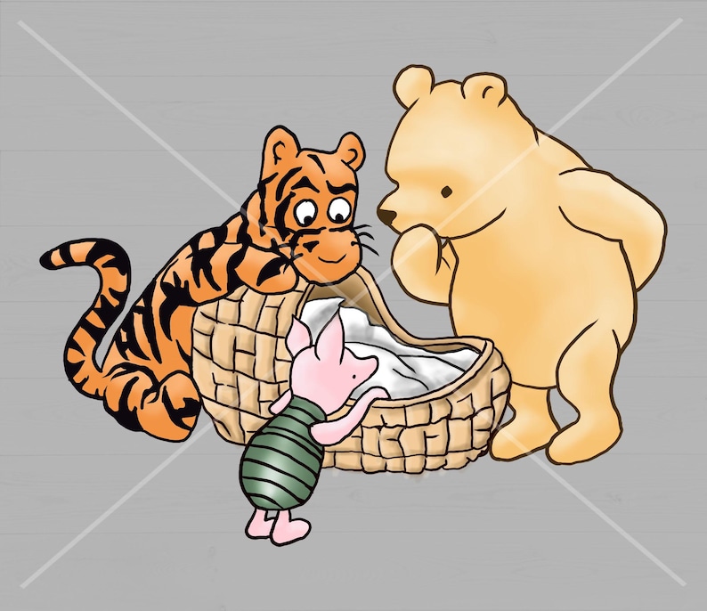 May include: A brown bear, a tiger, and a piglet are looking at a wicker basket with a white blanket inside. The tiger is leaning on the basket, the bear is standing to the right, and the piglet is looking into the basket.