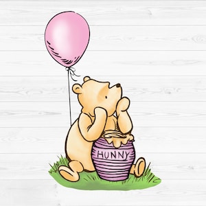 Ballon rose fille classique Winnie l'ourson PNG, ourson vintage avec pot de miel rose