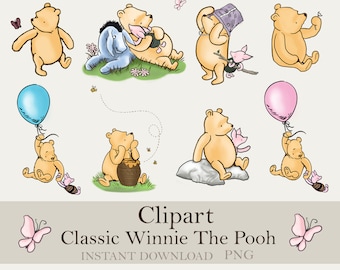 Classic Winnie The Pooh PNG Clipart Bundle, Printable, Instant Digital Download, Vintage Pooh Baby Shower