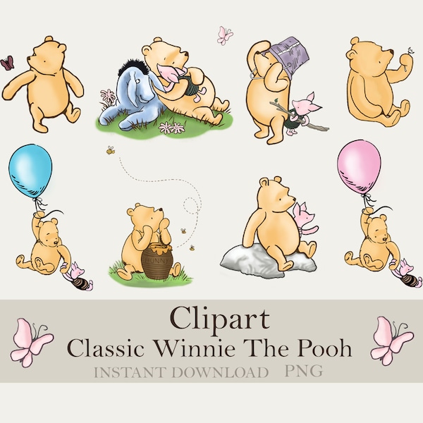 Ensemble de cliparts PNG Winnie l'ourson classique, imprimable, téléchargement numérique instantané, baby shower vintage Winnie l'ourson