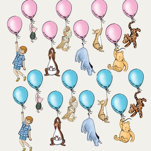 Balloon Classic Winnie The Pooh PNG Clipart Bundle, Hanging Characters of Winnie The Pooh Friends, Vintage Pooh Baby Shower, Blue Pink