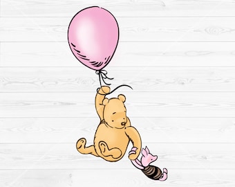 May include: A cartoon illustration of Winnie the Pooh and Piglet holding onto a pink balloon. Winnie the Pooh is wearing a yellow shirt and Piglet is wearing a pink shirt.