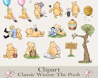 Classic Winnie The Pooh PNG Clipart Bundle, Vintage Pooh Images, Instant Digital Download, Vintage Pooh Baby Shower/ Birthday Party