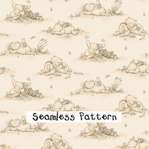 May include: A seamless pattern featuring Winnie the Pooh and friends in a sepia-toned illustration. The design includes Pooh, Piglet, Tigger, and other characters in various poses, with the text "Seamless Pattern" at the bottom.