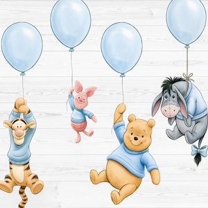 Peut inclure: Une illustration numérique représentant Tigrou, Porcinet, Winnie l'ourson et Bourriquet, portant chacun un pull bleu clair. Chaque personnage tient une ficelle attachée à un ballon bleu clair. Les personnages sont disposés sur un fond blanc.